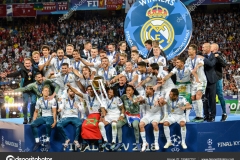 KYIV, UKRAINE - MAY 26, 2018: Footballers of Real Madrid celebrate the victory in the final of the UEFA Champions League 2018 in Kiev  match between Real Madrid and Liverpool, Ukraine